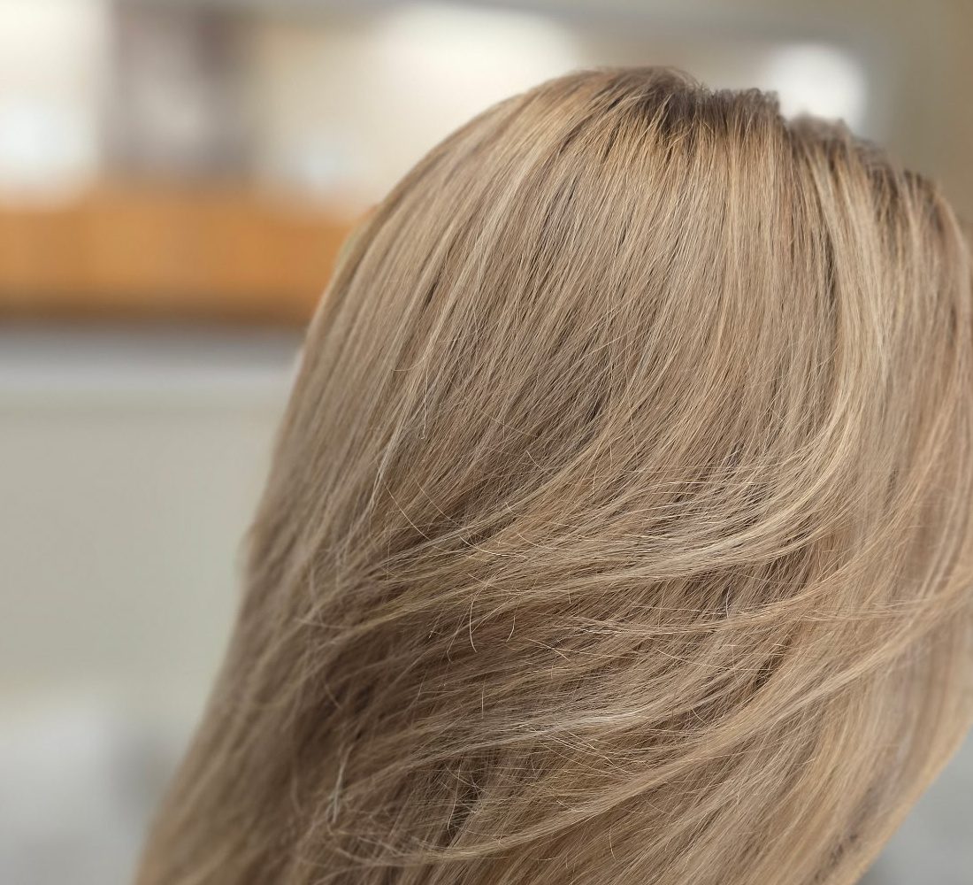 Blonde highlights by Trisha, long soft layers, seen from behind