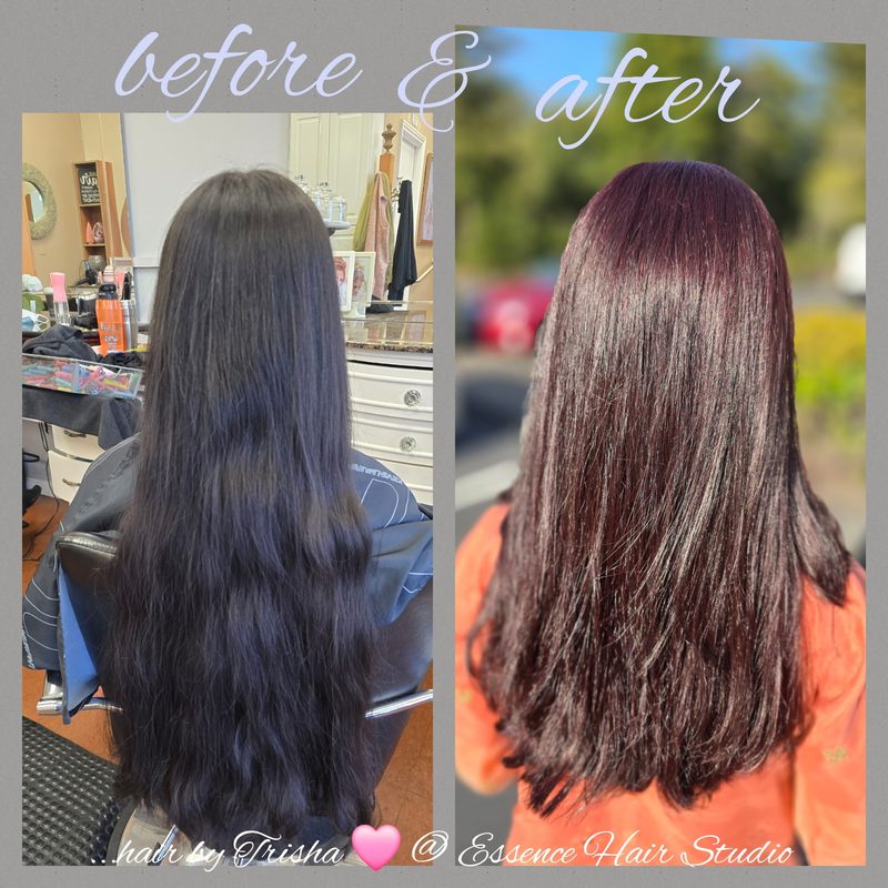 Before and after long hair transformation: long dark hair cut and finished sleek and glossy, back view